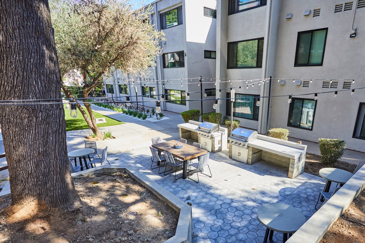 Aerial of barbeque & eating area; Milo on Morton building exterior