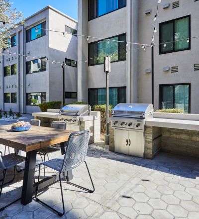 Barbeque and eating area close up; Milo on Morton building exterior