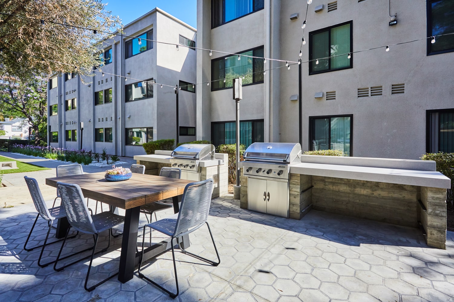 Barbeque and eating area close up; Milo on Morton building exterior