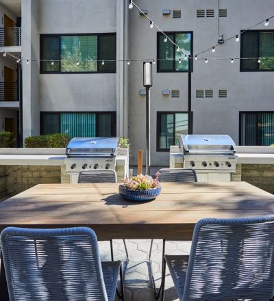 Barbeque and eating area close up; Milo on Morton building exterior