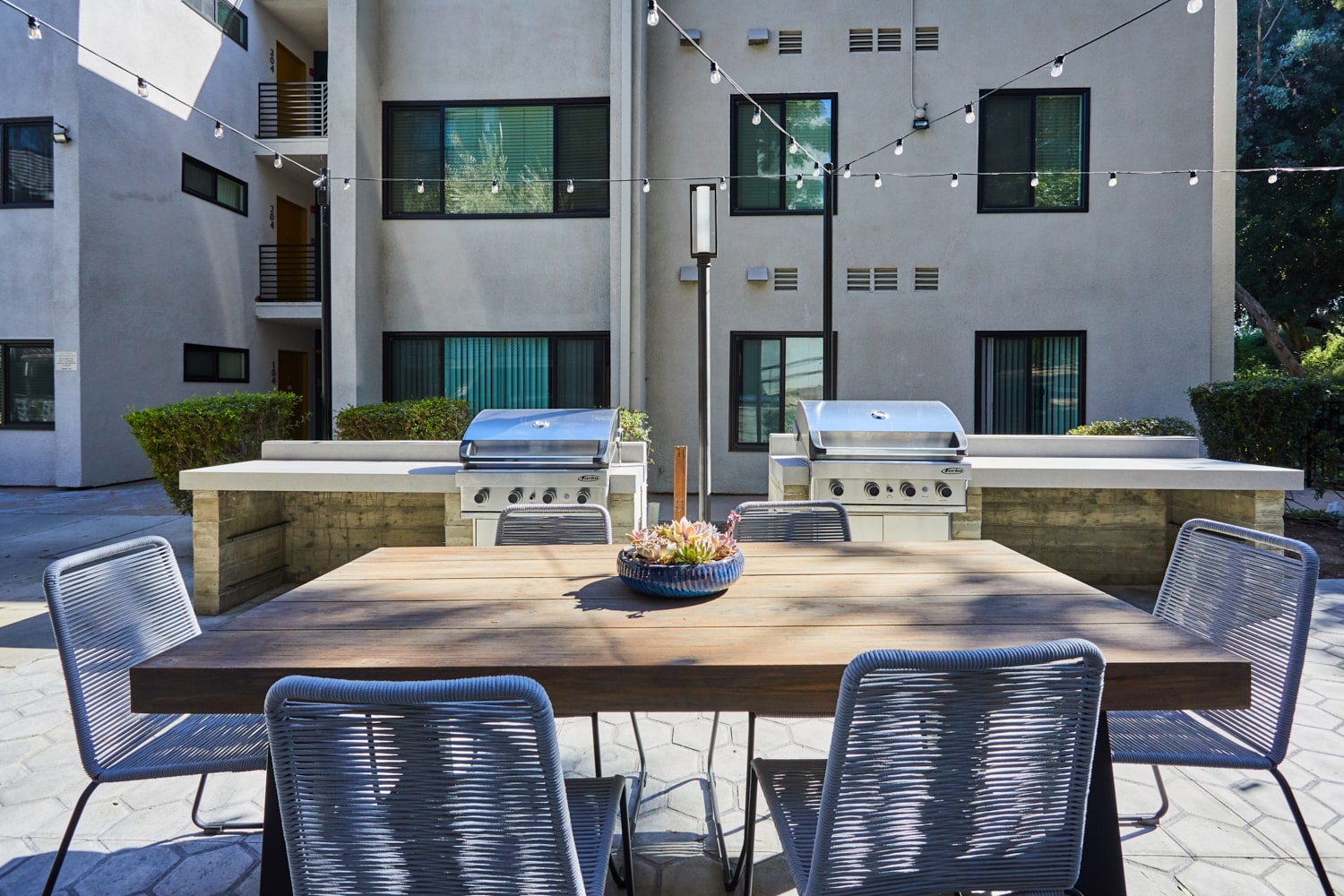 Barbeque and eating area close up; Milo on Morton building exterior