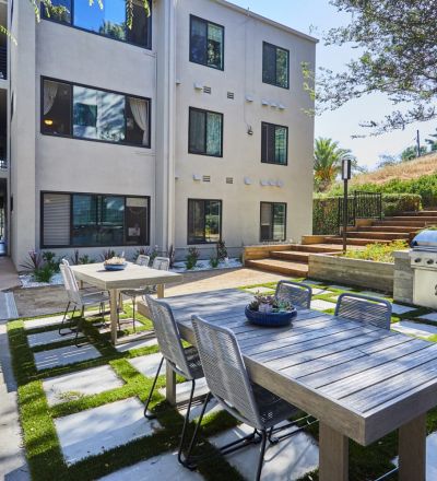 Outdoor eating area; Milo on Morton building exterior