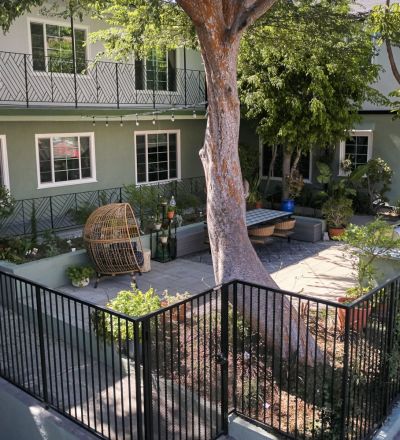 Side aerial of barbeque and eating area