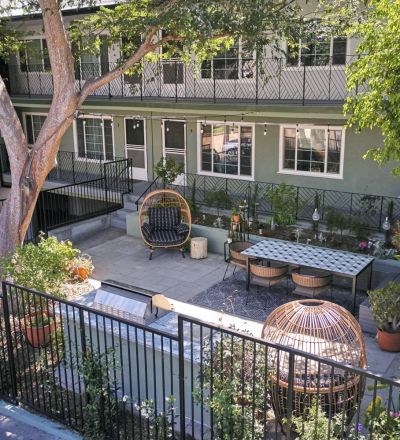 Aerial of barbeque and eating area