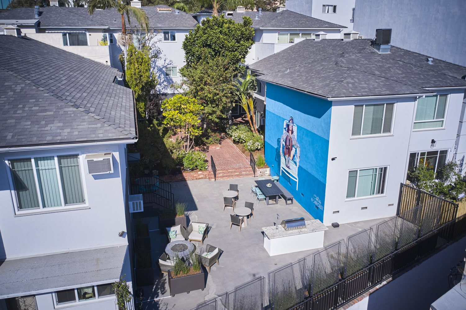 Aerial of sitting area with art on wall