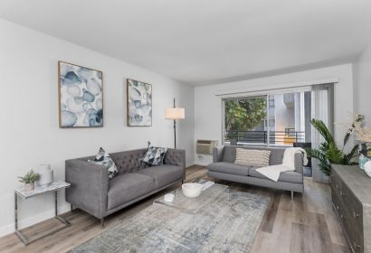 Violet On Virgil Apartments pet friendly rentals Los Angeles; A cozy living room with a comfortable couch, a stylish coffee table, and a large window offering natural light.