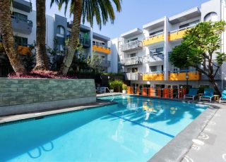 Virgil Avenue Los Angeles; A sparkling pool surrounded by lush greenery at Violet On Virgil Apartments Los Angeles.